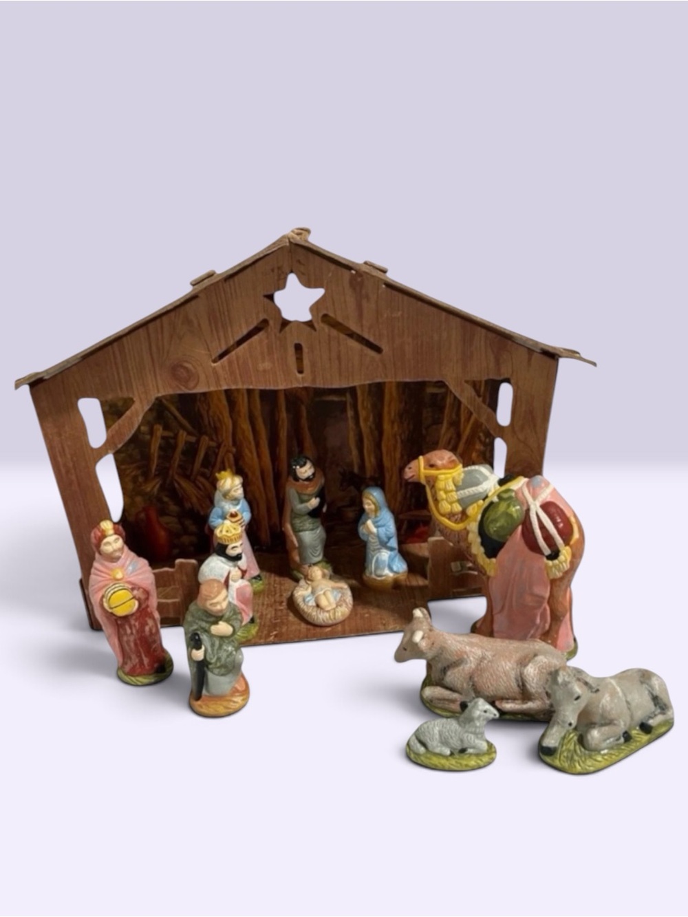 Vintage Hand-Painted Nativity Set with Wooden Creche Manger & Figurines
